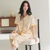 Venta Directa de Fábrica Pijamas de Algodón Puro para Mujer Anti-Bolitas Manga Corta Pantalón Siete Puntos Cuello Redondo Cardigan Ropa de Casa Se Puede Usar Afuera Conjunto Temporada