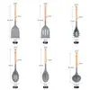 Juego de 6 Utensilios de Cocina de Silicona con Mango de Madera en Stock, Espátula para Freír Bistec Antiadherente, Cuchara para Sopa y Juego de Espátulas