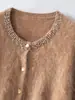 Cardigan elegante, resistente, escovado, bordado à mão, de cor sólida, com mangas compridas, novo estilo outono/inverno, suéter de malha 100% caxemira, blusa feminina de gola redonda