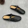 Novedad de Verano, Pantuflas de Piel Genuina, Hechas a Mano, Redondas, Planas, sin Cierre, con Diseño Calado, Transpirables, Capa Superior de Piel de Vaca Suave, Medias Pantuflas para Mujer
