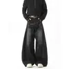 Retro Americano Design Bigodes de Gato Lâmina Curva Preta Calças Jeans para Homens e Mulheres Vilão Cool Desgastado High Street Soltas Casuais Calças de Perna Larga
