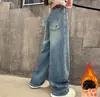 Jeans Feminino de Primavera e Outono, Solto, Cintura Alta, Bolsos, Perna Reta, Calça Longa Casual Estilosa e Versátil de Perna Larga, Estilo Tendência