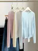 Top de punto texturizado estilo coreano con botones en la espalda para mujer, principios de otoño, cuello redondo, fino y ligeramente transparente, manga larga, adecuado para habitaciones con aire acondicionado, prenda exterior protectora del sol