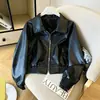 Chaqueta de cuero estilo retro coreano con solapa y cremallera, tipo biker, abrigo corto para personas petite, negro