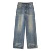 Calça jeans amarela lavada com bigode de gato e vinco, perna larga, feminina, solta, reta, até o chão