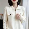 Cardigã de tricô com zíper e gola polo feminino, suéter simples com bolso, casaco, peça de base para sobreposição, manga longa, temperamento