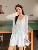 Cardigã de Verão com Laço e Listras Azuis, Manga Longa Feminino Estilo Coreano Levemente Transparente Fino Cover-Up, Top Solto e Relaxado