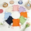 Top de manga corta para niña, verano, corto, color sólido, versátil, elegante, rosa, ropa infantil, cordón, camiseta dopamina