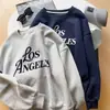 Moletom com estampa de letras para mulheres, outono e inverno, forrado com fleece, grosso, solto, estilo casual, estilo europeu, oversized, sem capuz, gola redonda