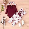 Conjunto de bebê de três peças: Macacão de manga longa com mangas bufantes, macacão estampado e faixa de cabeça combinando para bebês meninas, conjunto de outono