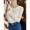 Camisa Básica Branca com Babados e Mangas Longas para Mulheres, Novo Suéter de Gola Redonda para o Início do Outono 2024, Tricô Slim