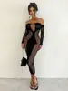 Vestido Tubinho Bodycon de Um Ombro Cruzado Europeu e Americano com Manga de Rede para Festa em Boate Sexy com Recorte