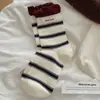 Calcetines de Algodón Puro para Mujer, Calcetines Holgados con Puños de Burbujas, Etiquetas de Tela Rayadas, Calcetines de Media Pantorrilla para Primavera y Verano, Estilo Ins, Venta al por Mayor desde Zhuji, Industria del Calcetín de Zhuji