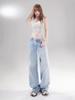 Jeans Azul Claro de Perna Larga para Mulheres Verão 2025 Novo Cintura Baixa Emagrecedor Solto Pera Versátil Calça Reta