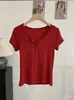 Camiseta de Manga Corta con Botones y Cuello en V Omalai para Mujer 2026 Verano Ajustada Elástica Color Sólido Top 7063