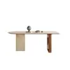 Mesa de Comedor Vintage de Madera Maciza Estilo Francés con Piedra Travertina, Mesa de Comedor Isla Semi-Oval Creativa de Diseñador para Apartamento Pequeño