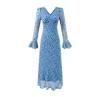 Vestido Azul Floral Fresco com Decote V para Mulheres 2025 Outono Slim Estilo Férias Manga Longa Cintura Vestido