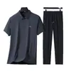 Traje de Seda de Hielo Sin Costuras para Hombres de Mediana Edad y Mayores Camisa Polo Casual de Negocios de Manga Corta para Hombres y Papá Traje de Pantalón Casual de Seda de Hielo Lote