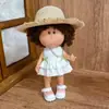 [Apenas Roupas] Roupas para Boneca Espanhola de Batata 24cm Algodão Laço Verde Vestido Branco Conjunto de Chapéu de Palha com Pedras