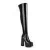 Botas altas hasta la rodilla transfronterizas, charol, punta cuadrada, suela gruesa, tacón grueso, tacón extra alto, plataforma doble, elástico, botas altas hasta la rodilla para mujer