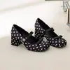 Zapatos Mary Jane de Lunares Retro Franceses para Mujer 2026 Nuevos Tacón Grueso Tacón Alto Lazo Correa Única Planos Elegantes