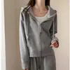 Jaqueta Moletom Retrô Americana Feminina Outono Inverno Solta Sensação Preguiçosa Cardigan Com Capuz Estilo Básico Cinza Top Simples