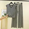 Moda de Verano Ropa de Casa Conjunto de Pijama Rayado para Mujer Camiseta de Tirantes Rayada con Cuello en V Pantalones Largos Holgados Conjunto de Dos Piezas