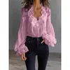 Camisa Feminina de Renda Patchwork com Mangas Bufantes Plissadas - Moda Independente Europeia e Americana 2026