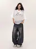 Camiseta de Malha com Estampa de Letras Estilo Americano, Decote V, Manga Curta para Mulheres, Blusa Curta Vazada de Verão, Peça para Cobrir Solta para Homens e Mulheres