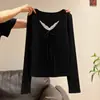 Camiseta larga de manga larga con ribete de encaje estilo coreano para mujer, top ajustado de manga larga de algodón de bambú, top con diseño de otoño