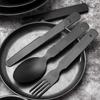Juego de Platos Negros Portátiles para Exteriores Acero Inoxidable Retro Tazón Sierra Recubierto de Titanio Estilo Lujo Ligero Vajilla Negra Mate