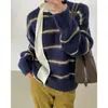 Enviado~camisa base de cinta chic versátil + cárdigan de punto a rayas colorblock estilo perezoso suelto 26120