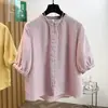 Nueva Camisa Simple Literaria Holgada Casual para Mujer 2026 Verano Cuello Alto Bordado Manga Media