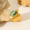 Anillo de Estilo Retro de Corte Francés Turquesa Africana Ovalada Anillo Abierto de Cara Ancha Moda Femenina Elegante Anillo de Acero de Titanio