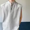 Colete Sem Manga Branco e Cinza com Gola Henry para Homens, Camisa Polo Sem Manga Estilo Americano de Verão, Camisa Pesada Boxy de Velho