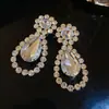 Pendientes de botón con colgante de gota de agua incrustado con diamante de aguja plateada Pendientes exagerados europeos y americanos para mujer Banquete nocturno Pendiente de novia de lujo Sensación de lujo ligero de alta gama