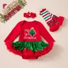Venta directa de fábrica vestido navideño para niña pequeña enterizo de malla con lentejuelas de manga larga para bebé con diadema y calentadores de piernas conjunto