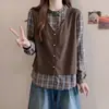 Camisa xadrez patchwork retrô duas peças plus size para mulheres, novo top soltinho de manga longa para o outono de 2026