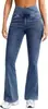 Calça jeans flare de cintura cruzada para mulheres, com design de bolso retrô, alta elasticidade, efeito emagrecedor e silhueta levemente flare, longa e ajustada.