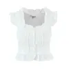 Conjunto de Top Branco com Renda Bordada Vazada Estilo Francês, Mangas Bufantes + Saia de Camadas com Cordão