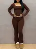 Comercio Electrónico Transfronterizo Europeo y Americano Estilo Retro Color Sólido Cuello en U Grande Ajustado Manga Larga Pantalón Microcampana Traje Conjunto de Dos Piezas para Mujer