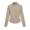 Camiseta de Manga Larga con Cuello Alto de Moda, Cintura Entallada, Nueva Moda Otoñal, Versátil, Ajustada, Color Sólido, Dobladillo Curvo, Camiseta Básica