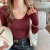 Camiseta Blanca de Manga Larga con Escote en V y Hombro Derecho de Modal para Mujer 2025 Nuevo Elegante Top con Efecto Adelgazante con Camiseta de Base