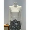 Blusa de tricô manga longa estilo francês para mulheres, moda outono e inverno, gola V, gola halter, cruzada, blusa base afina a silhueta, top único