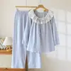 Pijama Feminino de Outono Novo em Gaze de Algodão Puro com Gola de Renda, Conjunto de Manga Longa, Tamanho Grande para Casa