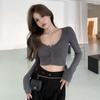 Top Cropped Sexy para Mulheres, Camiseta de Manga Longa, Nova Coleção Primavera/Outono 2026, Cor Sólida, Slim Fit, Cardigan, Top Curto