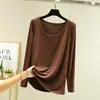Camiseta fina de algodão modal com gola redonda estilo coreano para mulheres, manga longa plus size, nova blusa básica de cor sólida solta para o início do outono