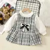 Comercio Exterior de Otoño Ropa Infantil al por Mayor, Lazo en la Cintura Delantera, Vestido Largo de Manga Larga para Niñas Estilo Pequeño Chanel, Entrega de Pieza Única, Estampado de Cuadros