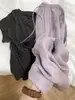 Altamente Recomendado! Um Essencial para o Verão~ Calça de Linho Roxo Drapê para Mulheres, Calça Reta de Pernas Largas Relaxada e Fluida