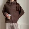 Moletom com capuz e zíper, estilo coreano, forrado com fleece para outono e inverno, escovado, espesso, de corte solto, para mulheres, com design casual, cor sólida e bolsos
